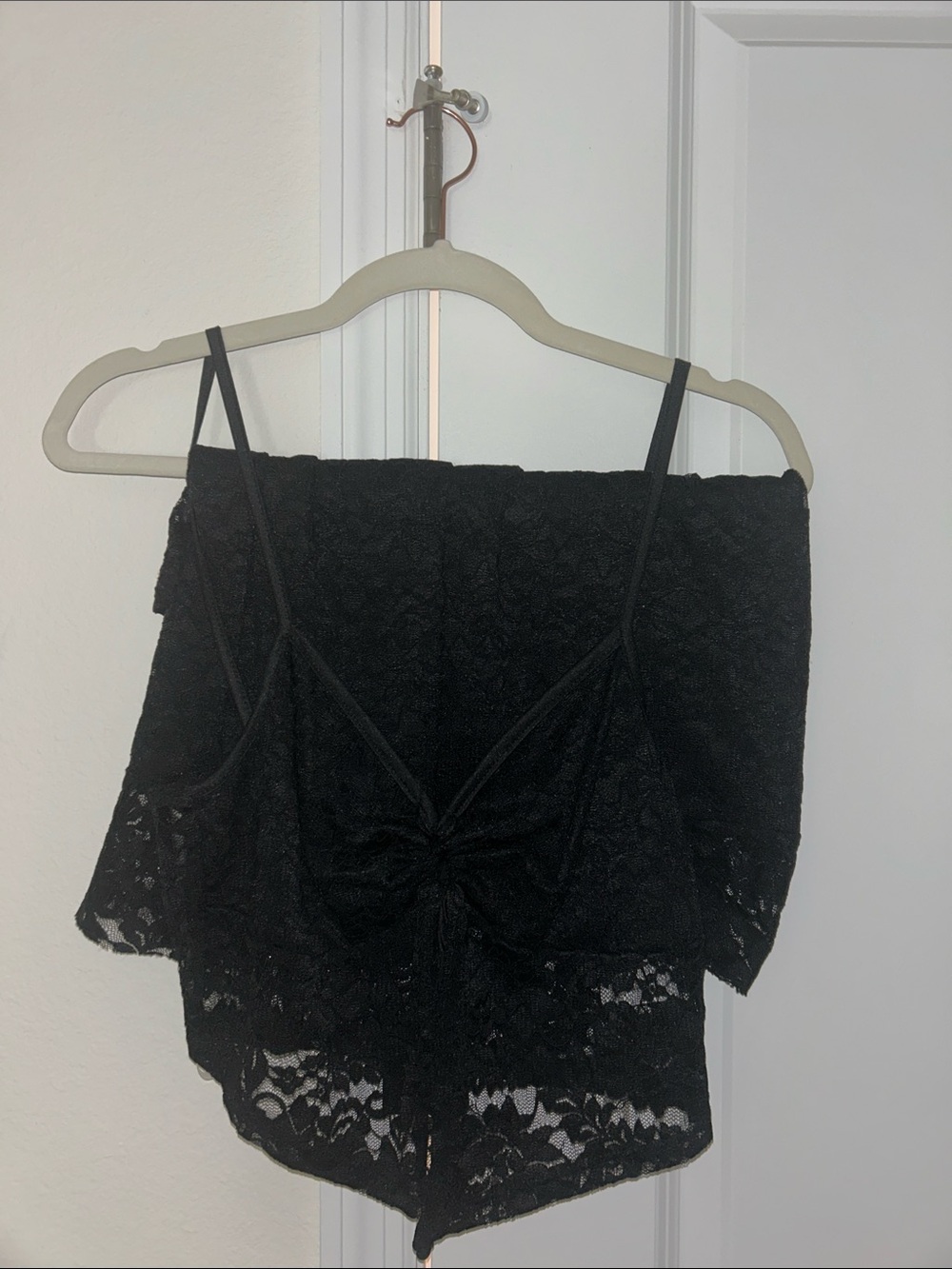Black Lace Spaghetti-Strap Crop Top with Tie Front